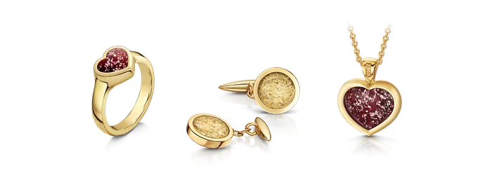 Gold ring set with a ruby coloured Ashes into Glass crystal, R.C. Smallbone Funeral Directors Newbury